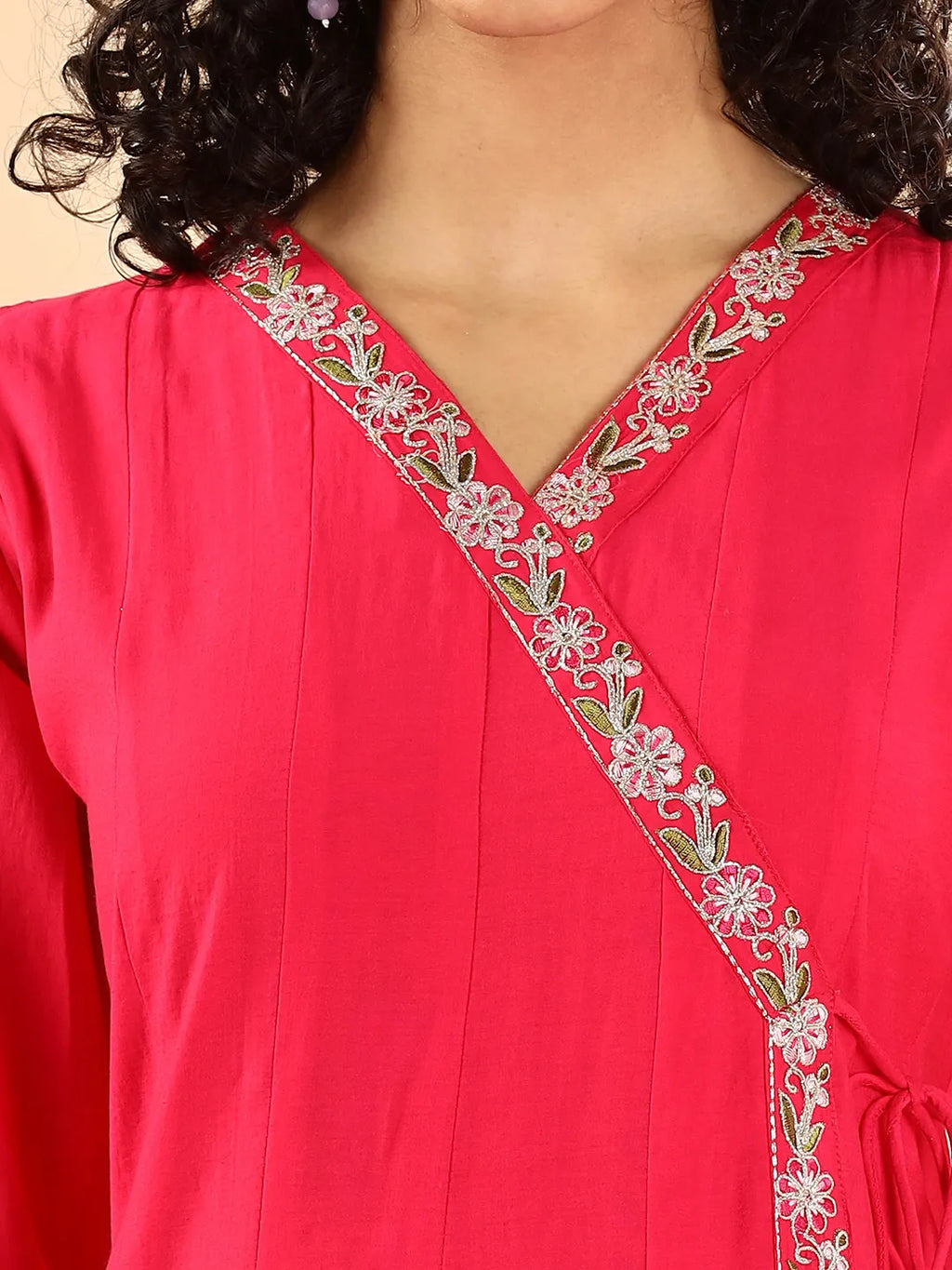 Yufta Pink Silk Embroidered Angrakha Kurta Pant Set With Organza Dupatta Set
