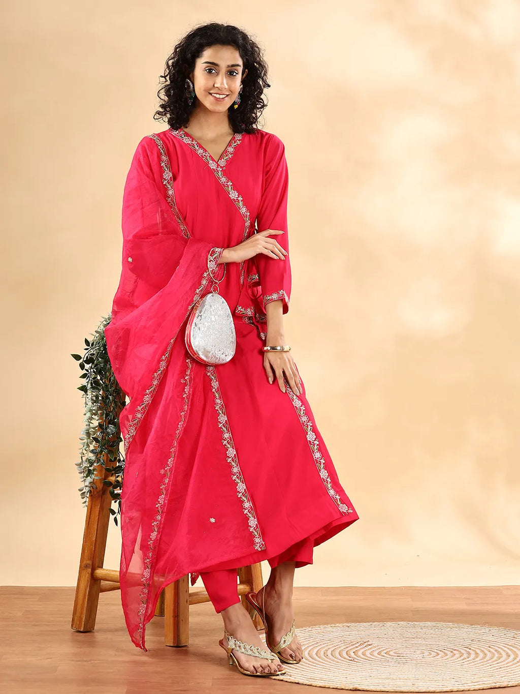 Yufta Pink Silk Embroidered Angrakha Kurta Pant Set With Organza Dupatta Set