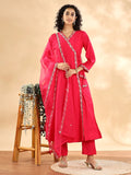Yufta Pink Silk Embroidered Angrakha Kurta Pant Set With Organza Dupatta Set