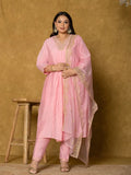 Yufta Pink Silk Embroidered Plus Size Kurta Dupatta Set