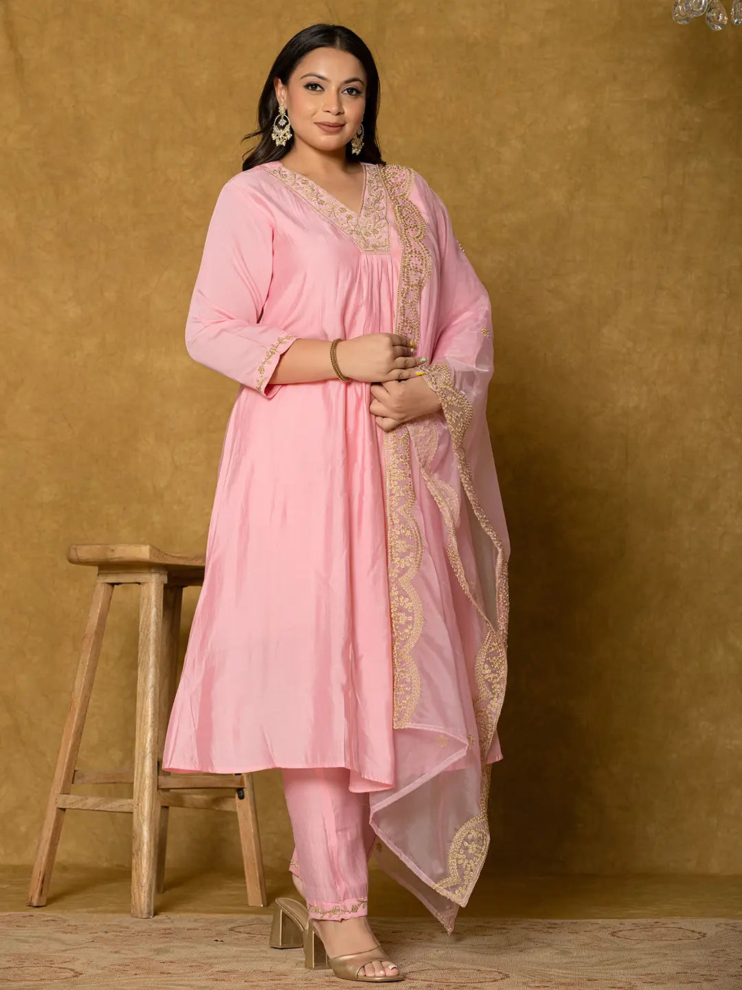 Yufta Pink Silk Embroidered Plus Size Kurta Dupatta Set