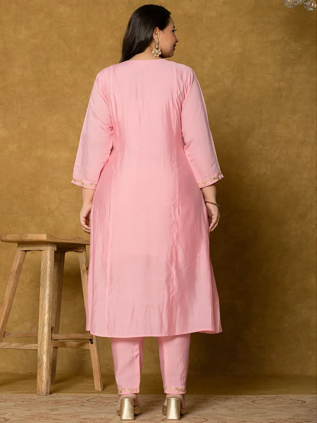 Yufta Pink Silk Embroidered Plus Size Kurta Dupatta Set