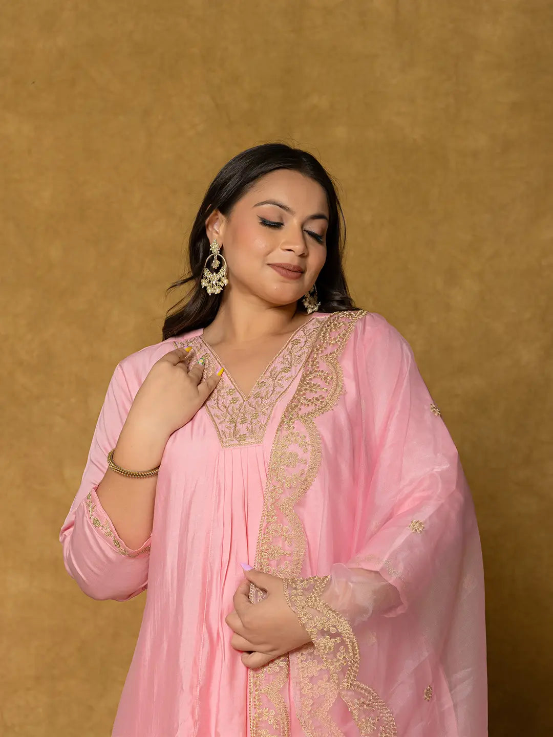 Yufta Pink Silk Embroidered Plus Size Kurta Dupatta Set