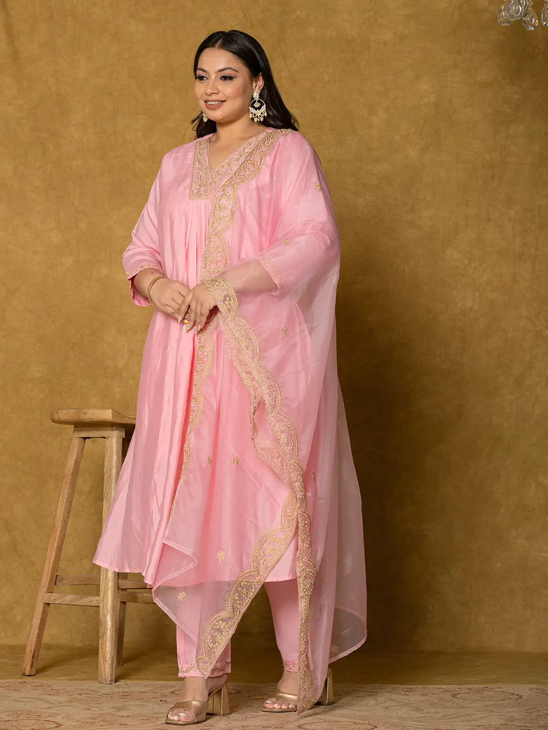 Yufta Pink Silk Embroidered Plus Size Kurta Dupatta Set