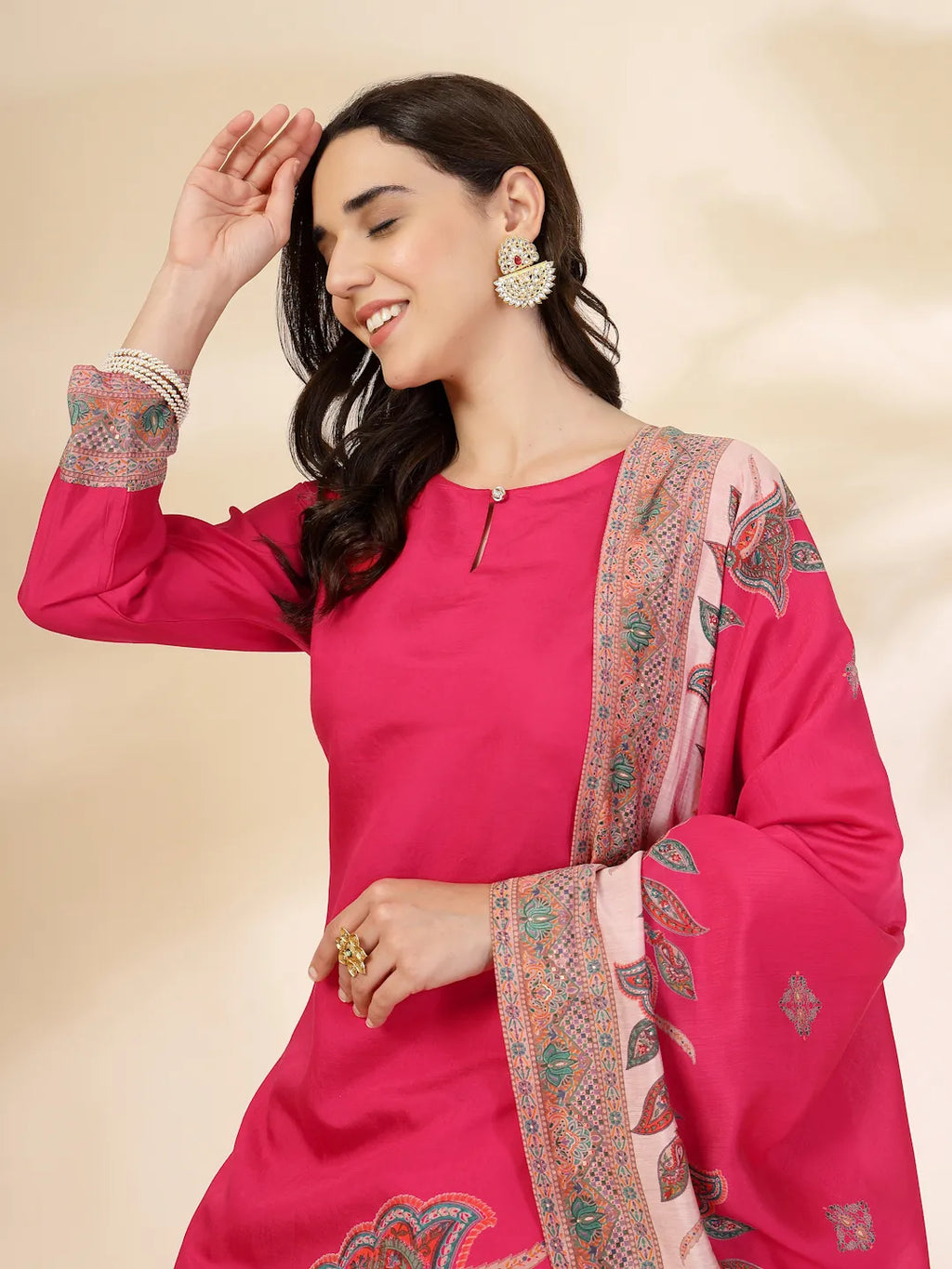 Yufta Pink Silk Straight Kurta With Palazzo Dupatta Set