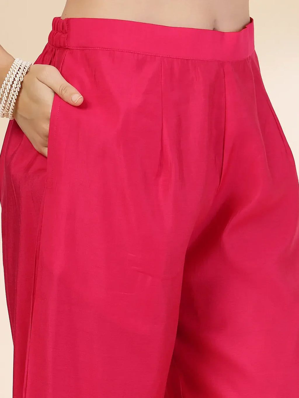 Yufta Pink Silk Straight Kurta With Palazzo Dupatta Set