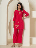 Yufta Pink Thread_Work Shirt And Palazzo Silk Blend Co-Ord Set