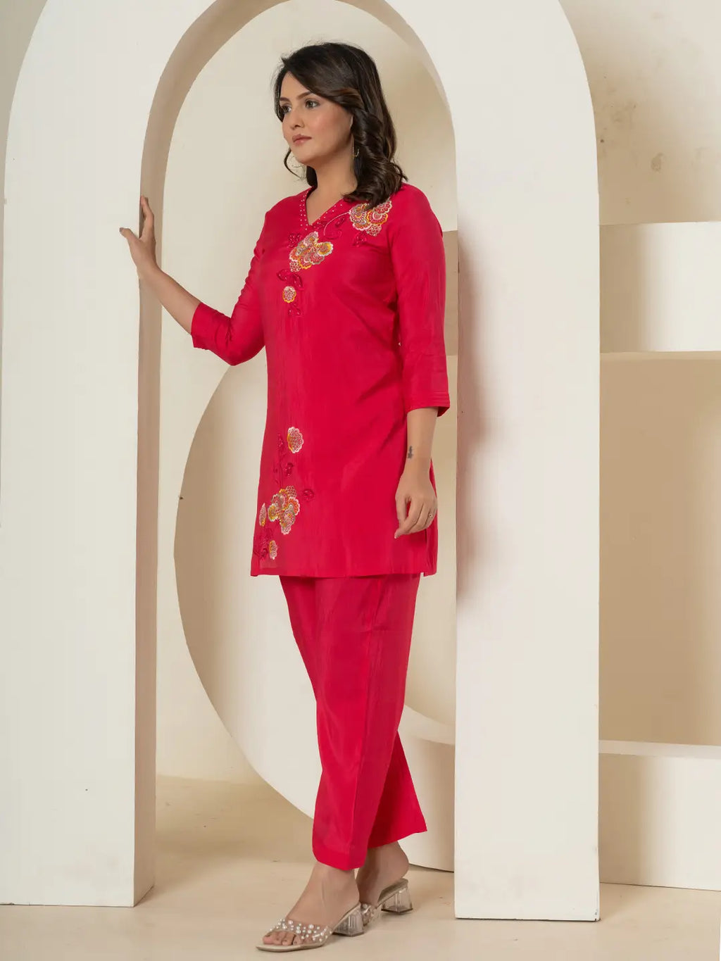 Yufta Pink Thread_Work Shirt And Palazzo Silk Blend Co-Ord Set