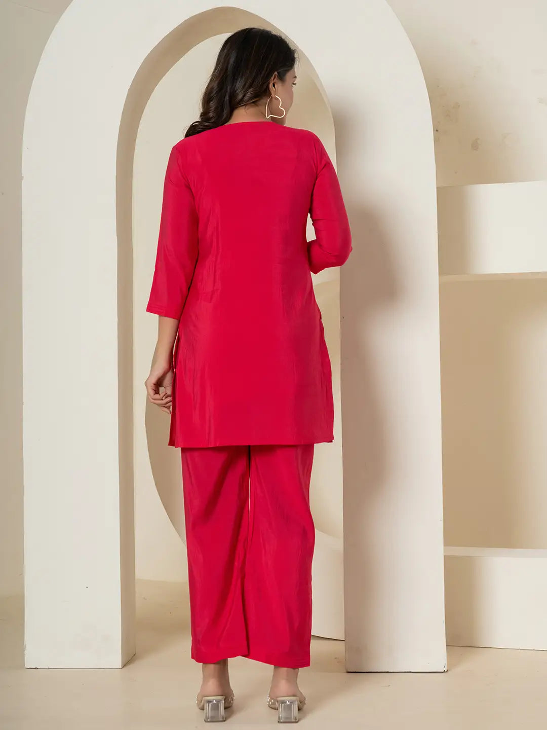 Yufta Pink Thread_Work Shirt And Palazzo Silk Blend Co-Ord Set