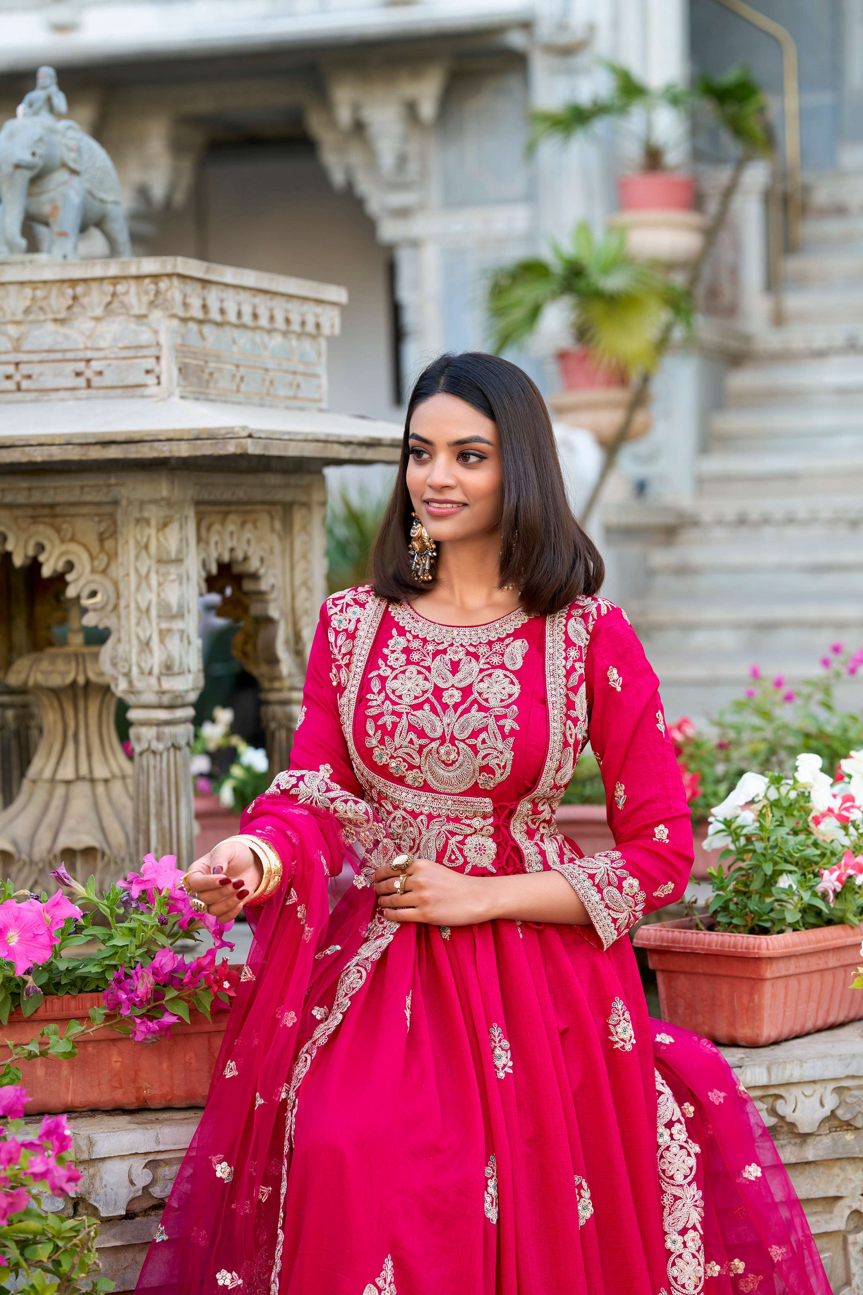 Evanik Pink Vichitra Silk Sequins and Thread Embroidery Work Gown Dupatta