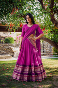 Evanik Women Pure Chanderi Plain With Zari Weaving Work Border Stitched Lehenga With Unstitched Blouse Dupatta(Up to 42)