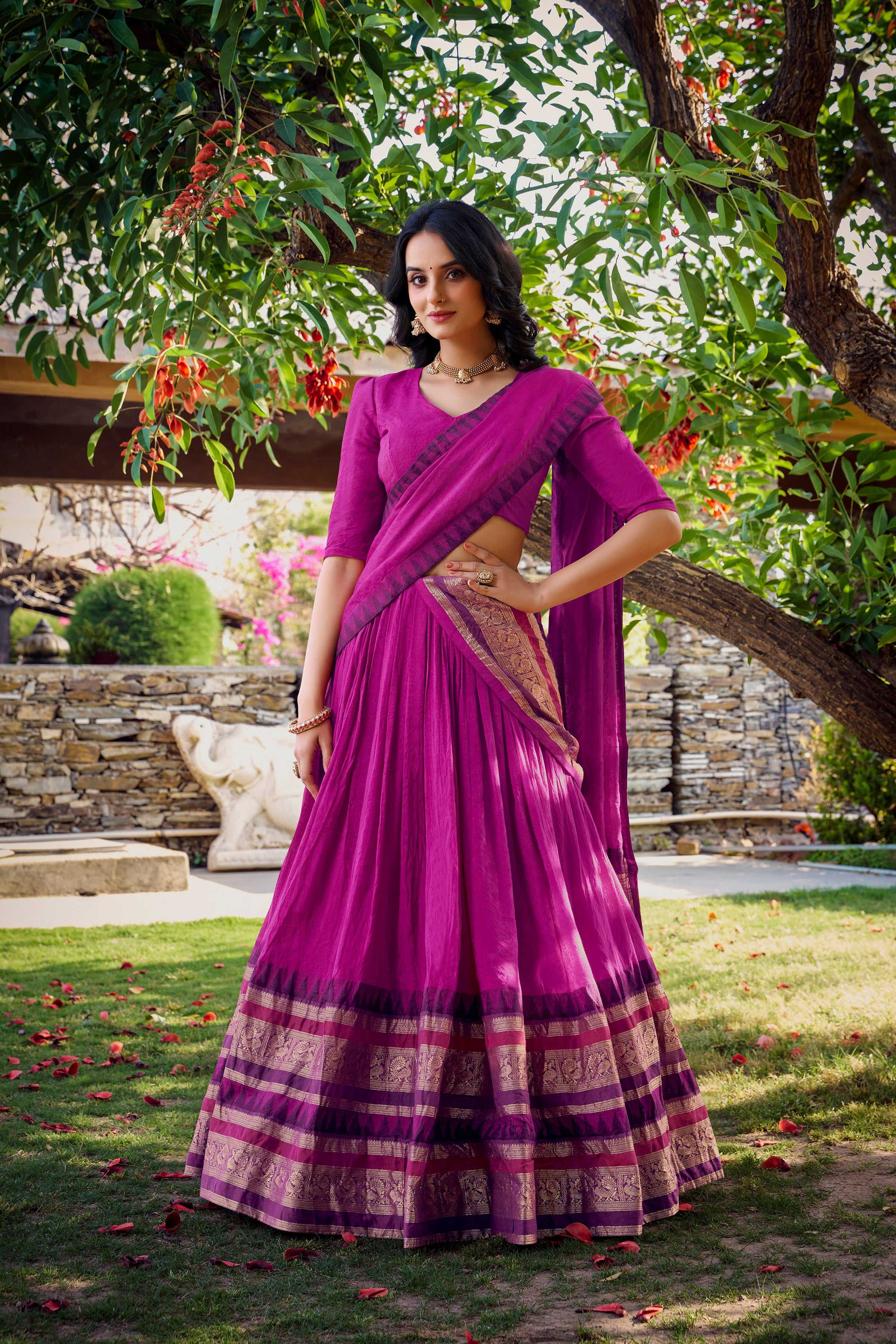 Evanik Women Pure Chanderi Plain With Zari Weaving Work Border Stitched Lehenga With Unstitched Blouse Dupatta(Up to 42)