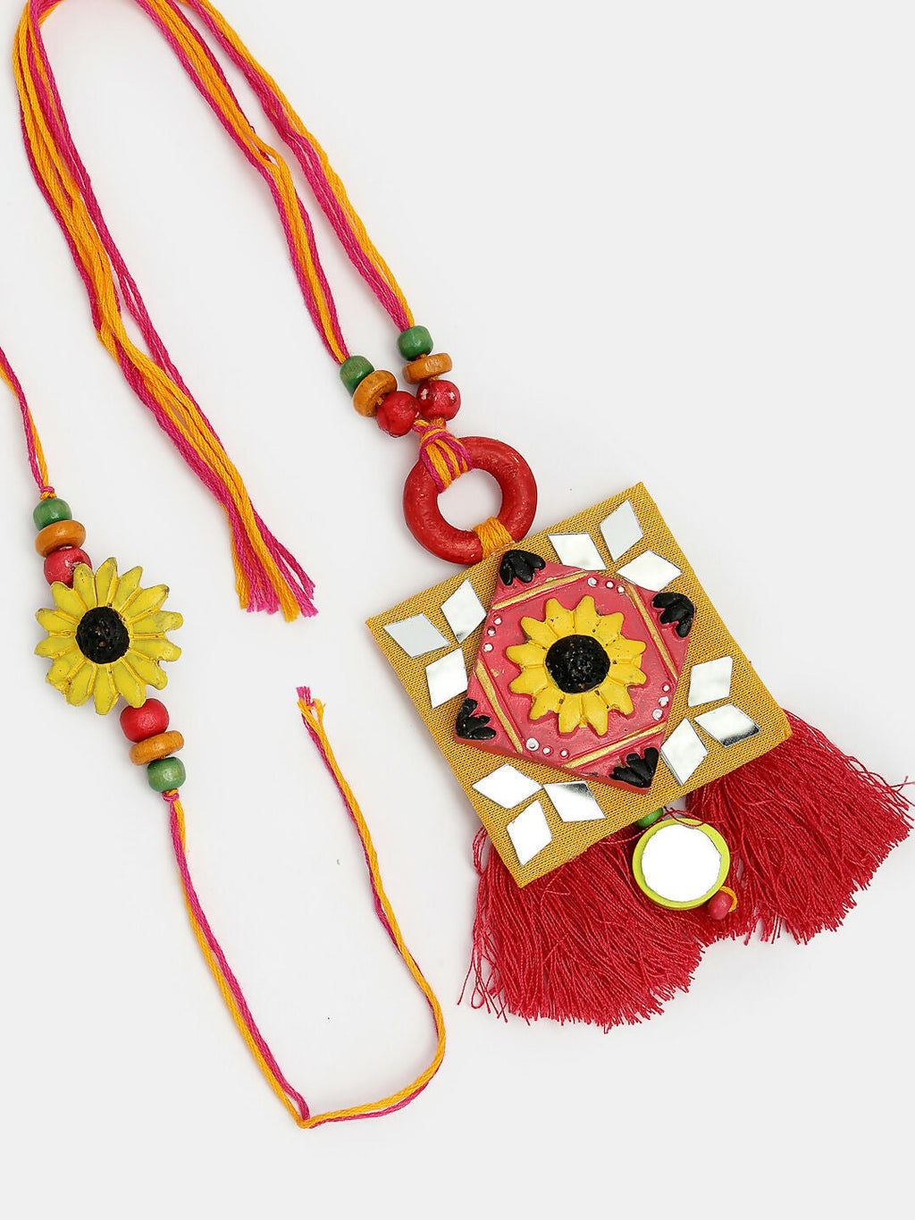 NVR Women & Men Set of 2 Red & Yellow Mirror Work Handcrafted Bhaiya Bhabi Rakhi With Roli Chawal & Chocolate