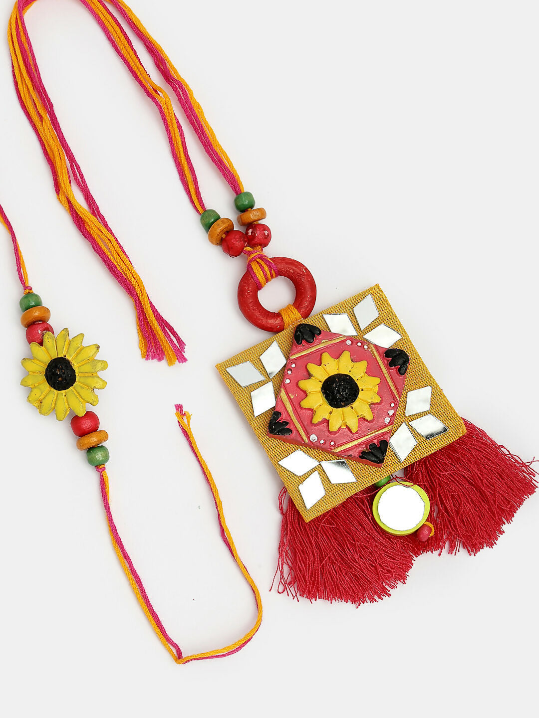NVR Women & Men Set of 2 Red & Yellow Mirror Work Handcrafted Bhaiya Bhabi Rakhi With Roli Chawal & Chocolate