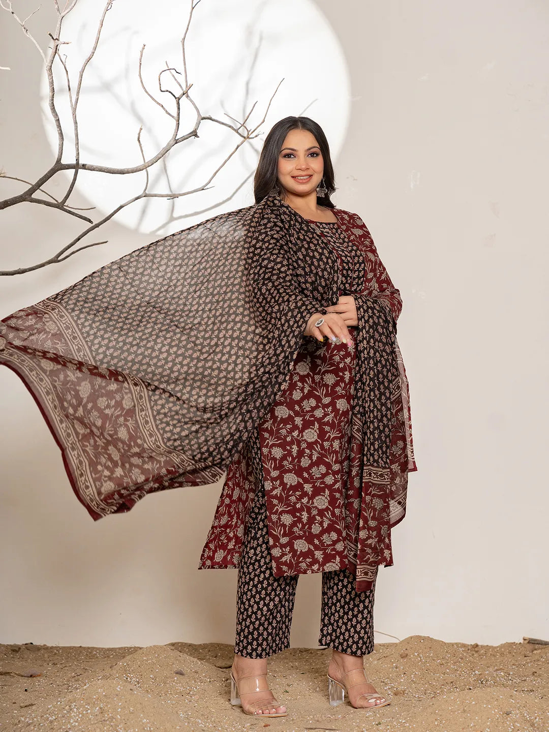 Yufta Maroon Floral Print Cotton Plus Size Kurta Dupatta Set