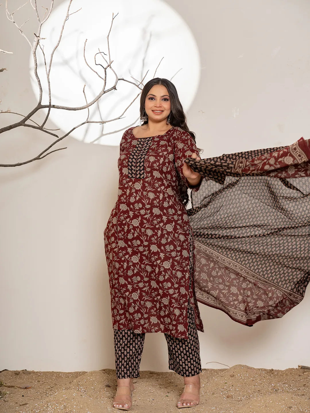 Yufta Maroon Floral Print Cotton Plus Size Kurta Dupatta Set