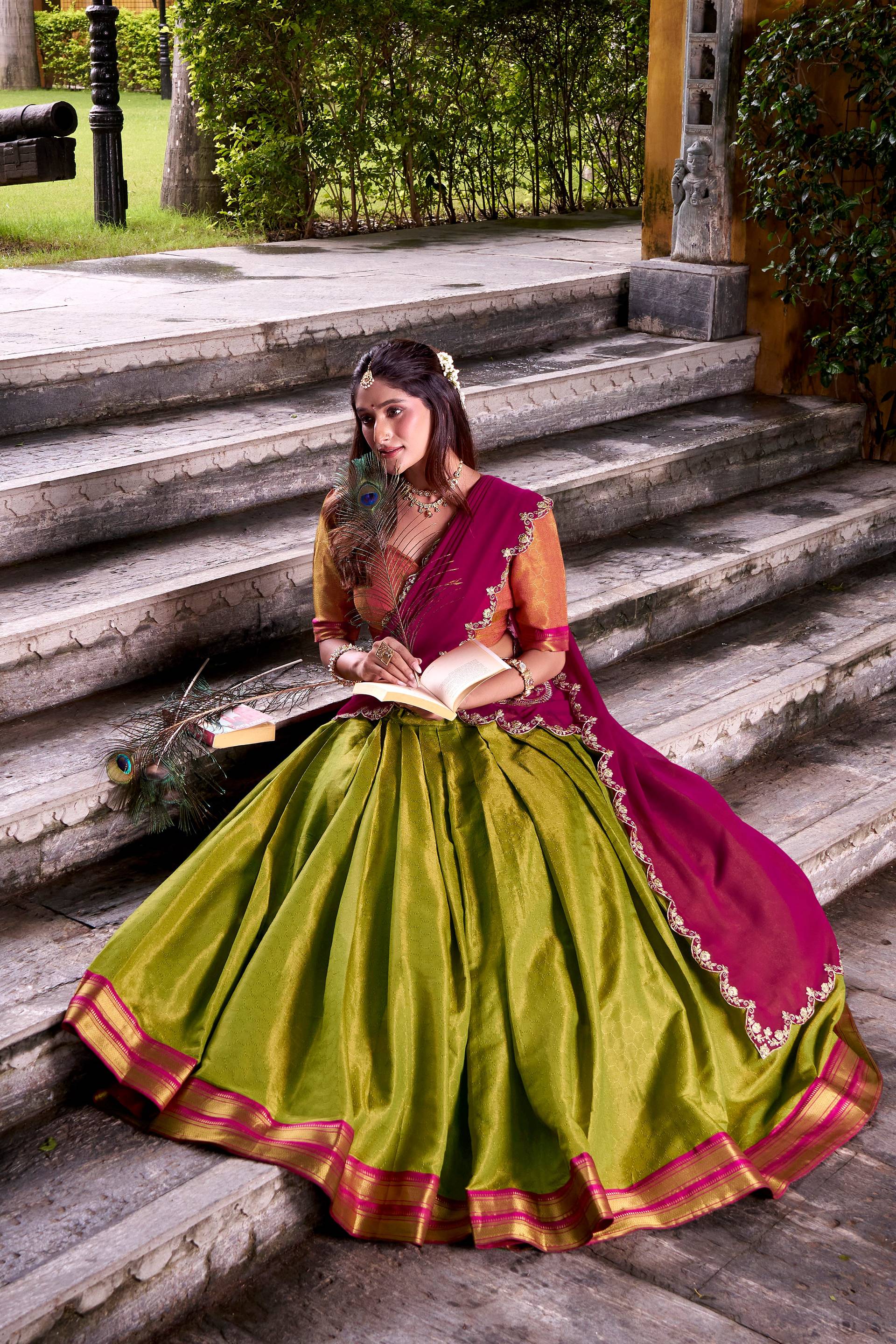 Evanik Pista South-style Kanchipuram silk lehenga With Unstitched Blouse & Dupatta
