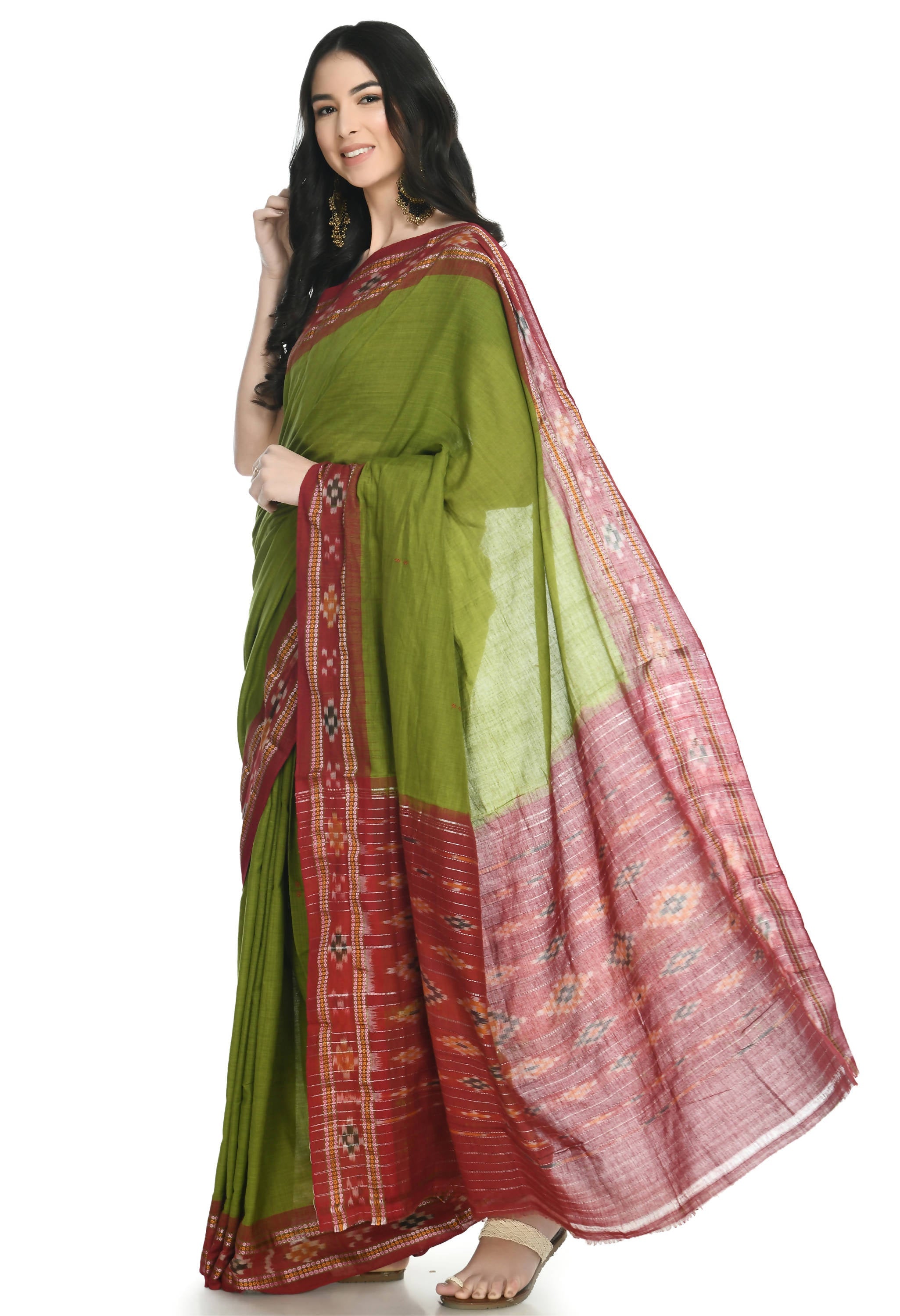 Vamika Sambalpuri Ikat Cotton Rekhabala Buti Green & Red Saree