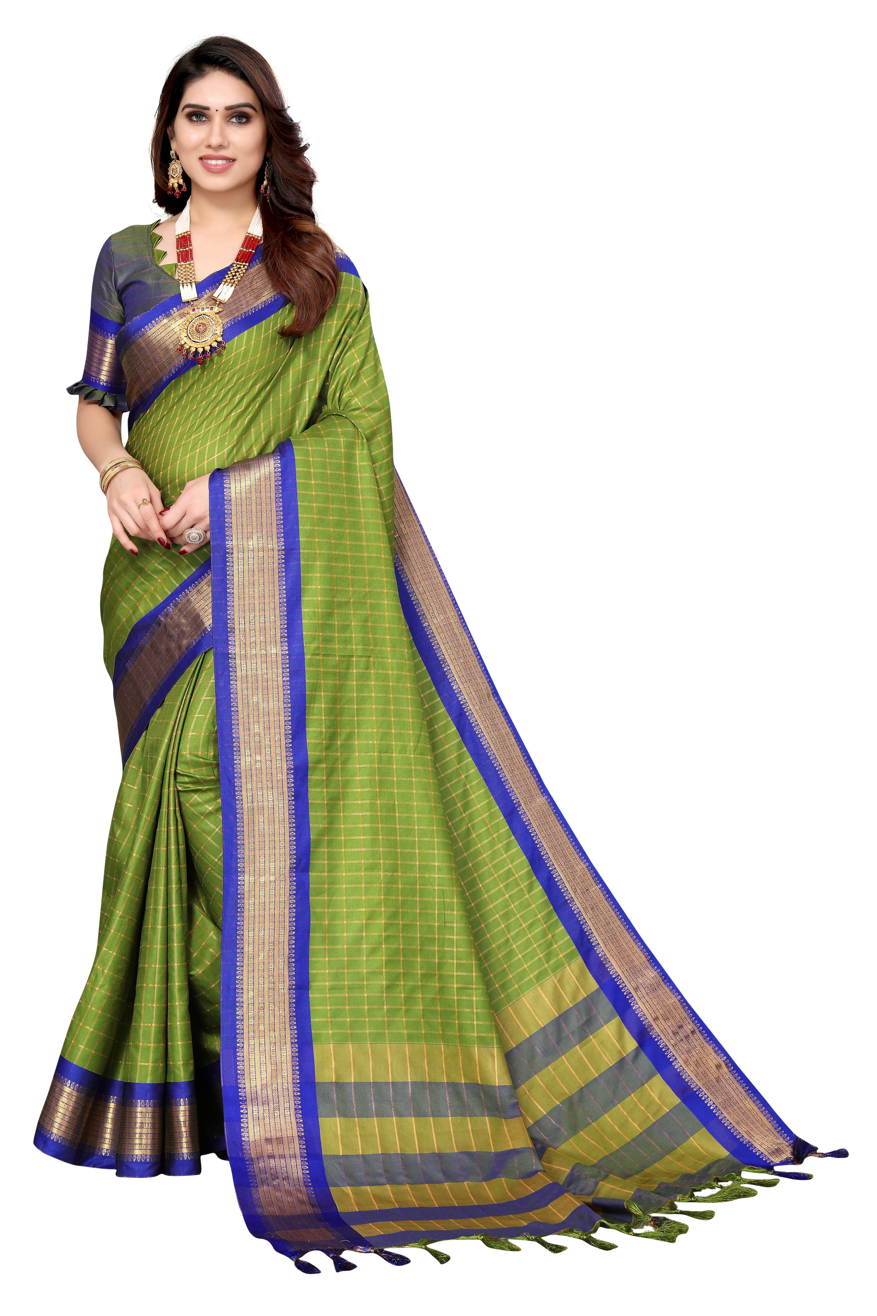 Vamika Weaving Parrot Green Cotton Silk Saree