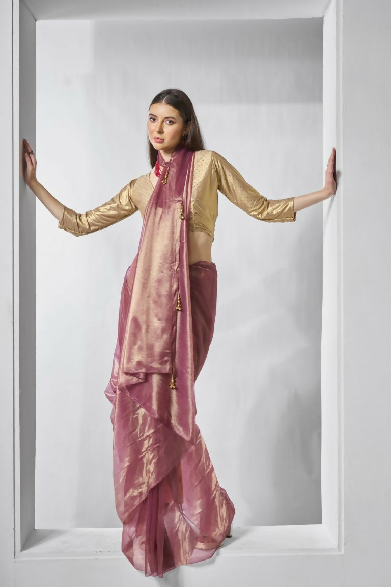 Onion Gold Tissue Net Solid & Gold Cotted Saree - Samaa