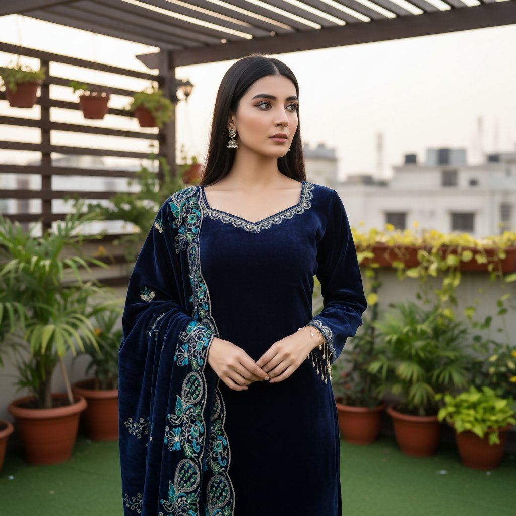 Teeya Creation Blue Color Velvet Designer Embroidery Work party Wear Suit