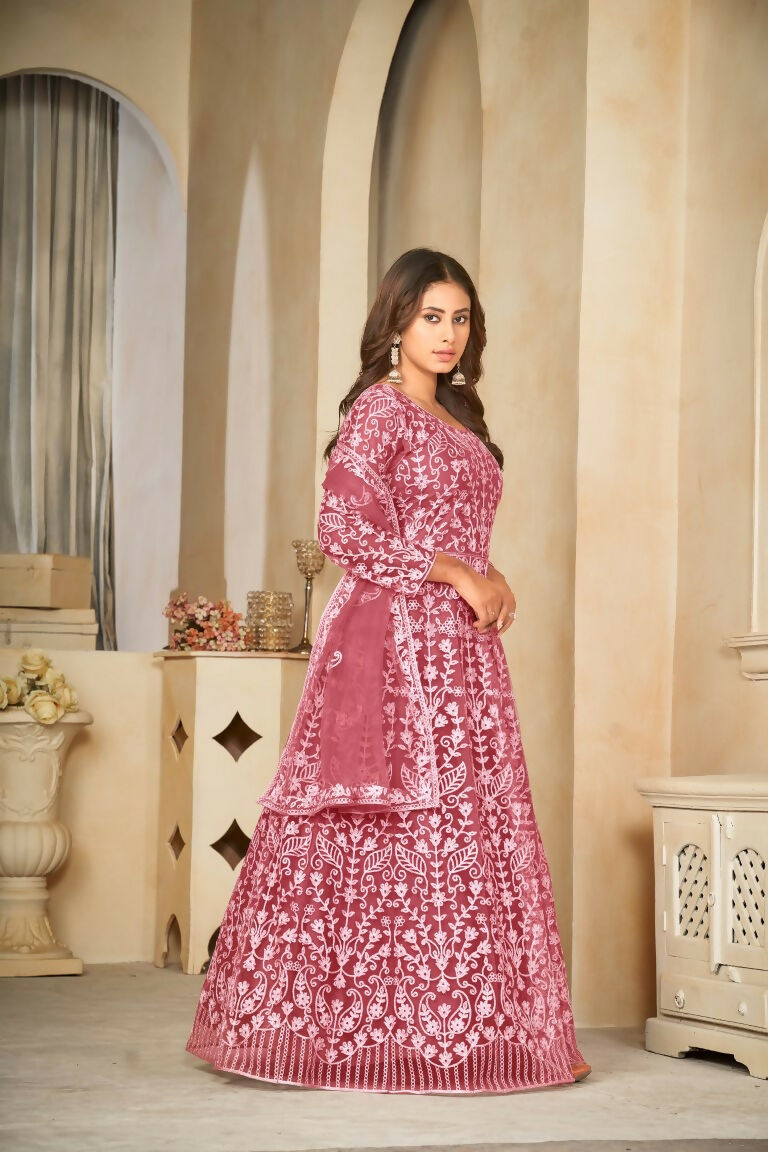Jyoti Fashion Women's Gajri Net Embroidered Anarkali Kurta Pant Set With Dupatta