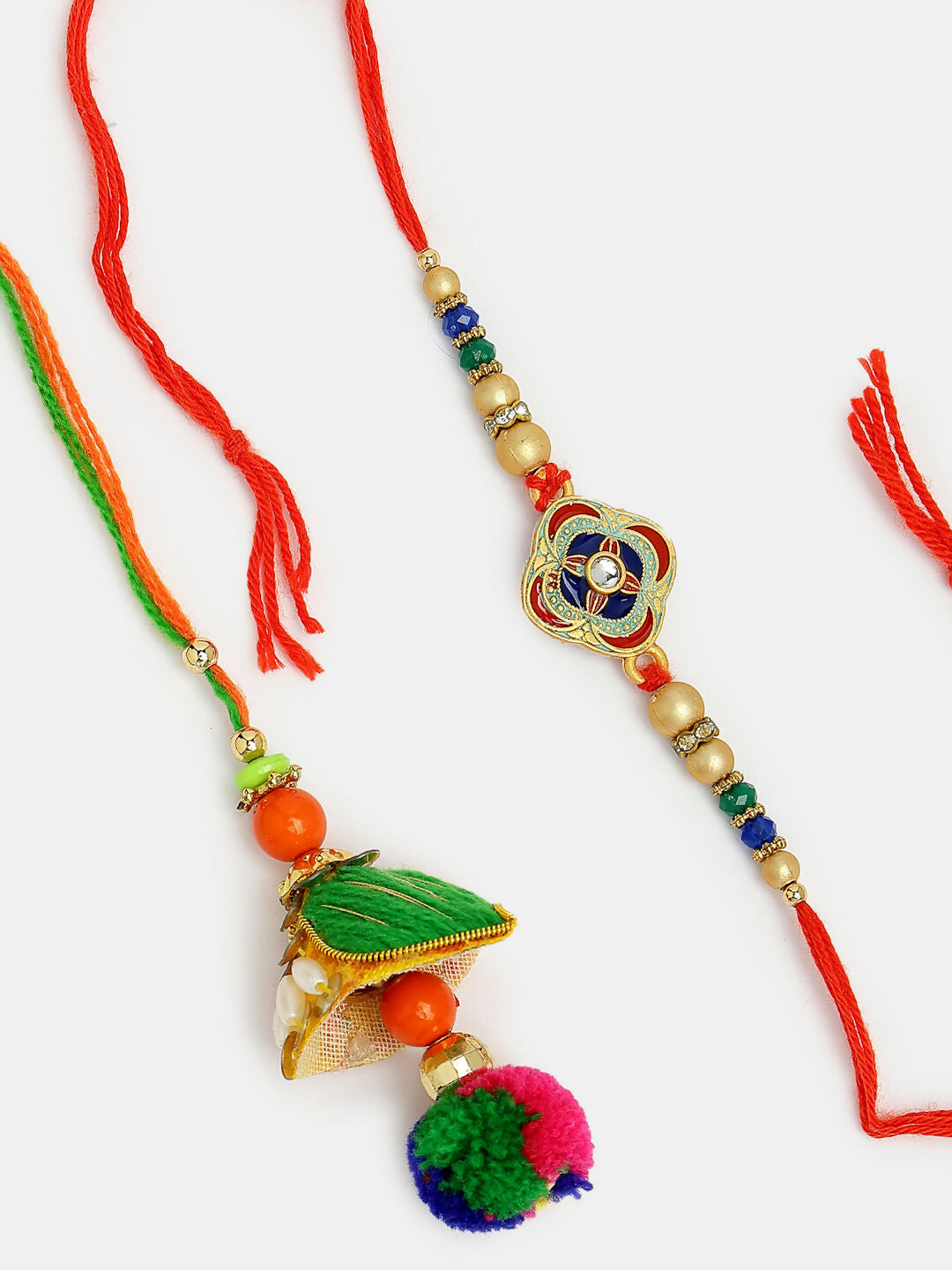 NVR Women & Men Set of 2 Multicolor Beaded Bhaiya Bhabhi Rakhi With Roli Chawal
