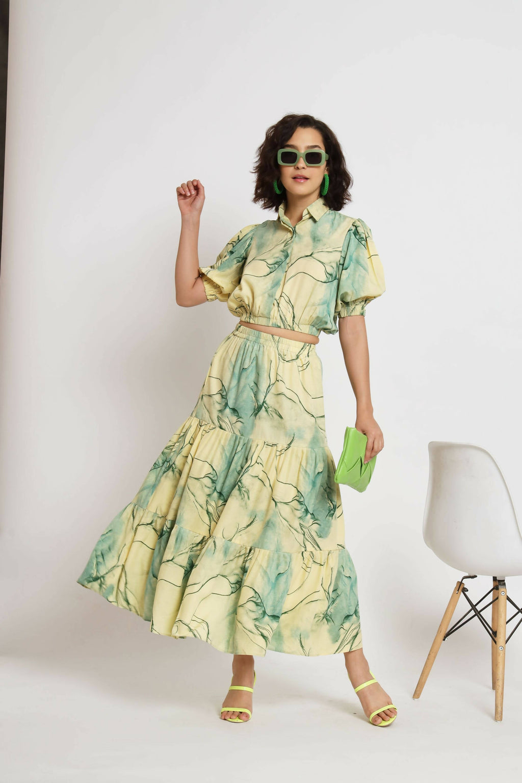 Green Rayon Tie dye Printed Top with Matching Skirt - Shivani