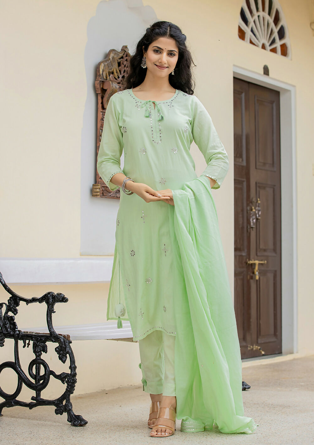 Kaajh Women's Green Mirror Embellished Cotton Suit Set
