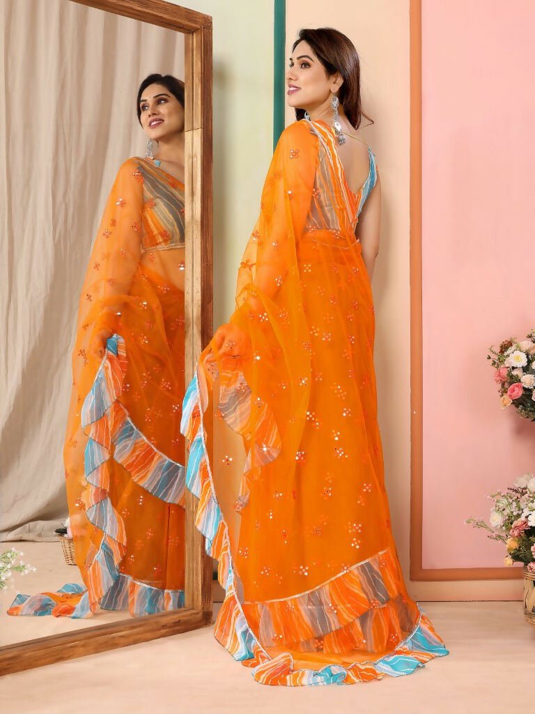 Partywear Designer Orange Net Fancy Saree - Dyuti
