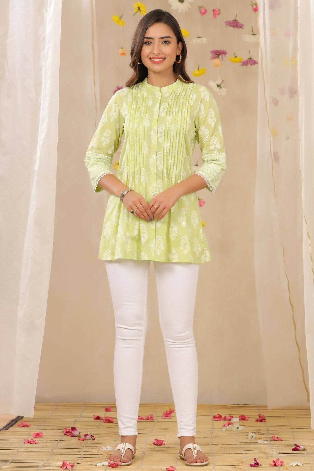 Juniper Women Limegreen Cambric Printed A-Line Tunic