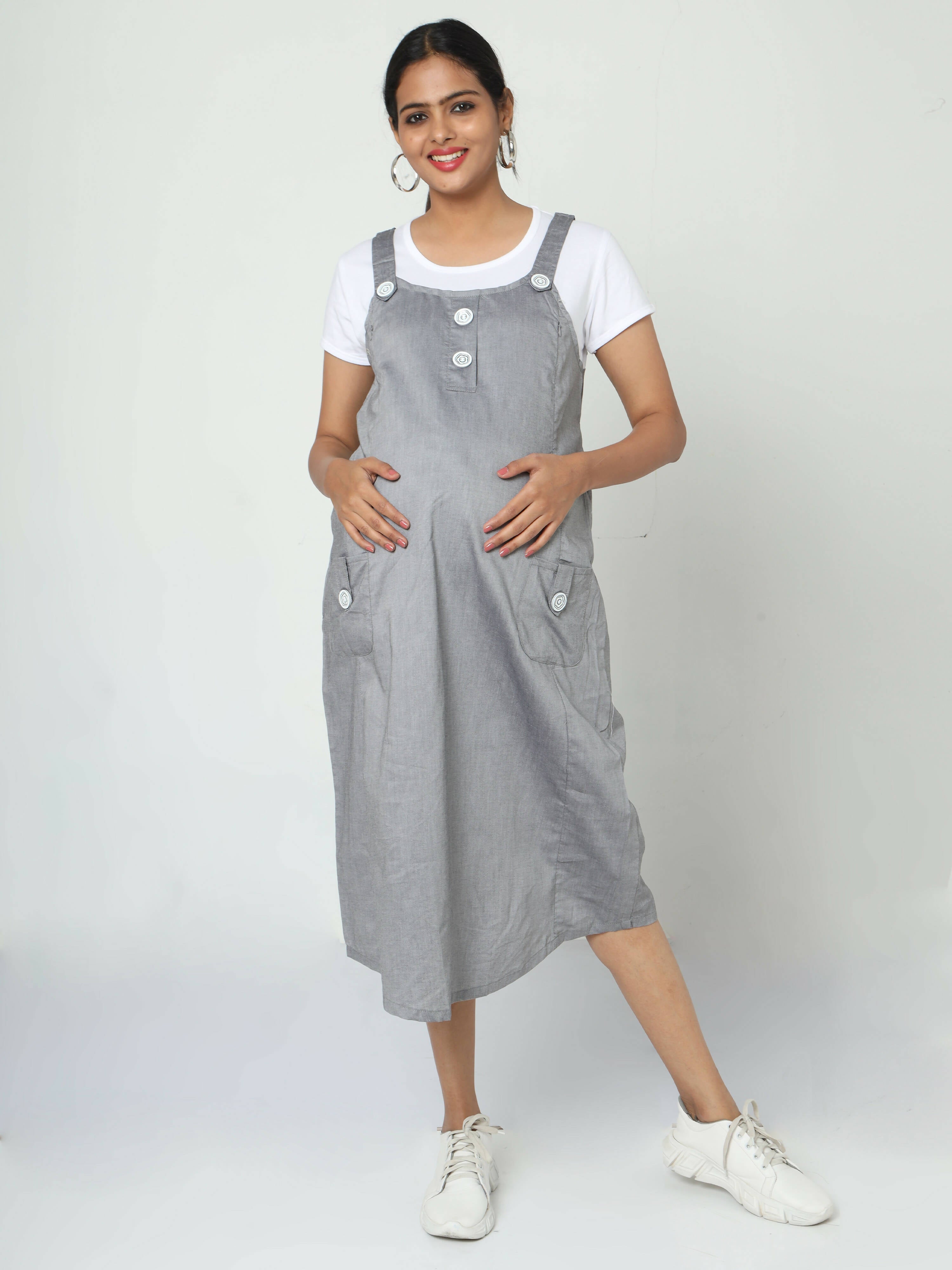 Manet Half Sleeves Solid Maternity Dress With Concealed Zipper Nursing Access - Grey