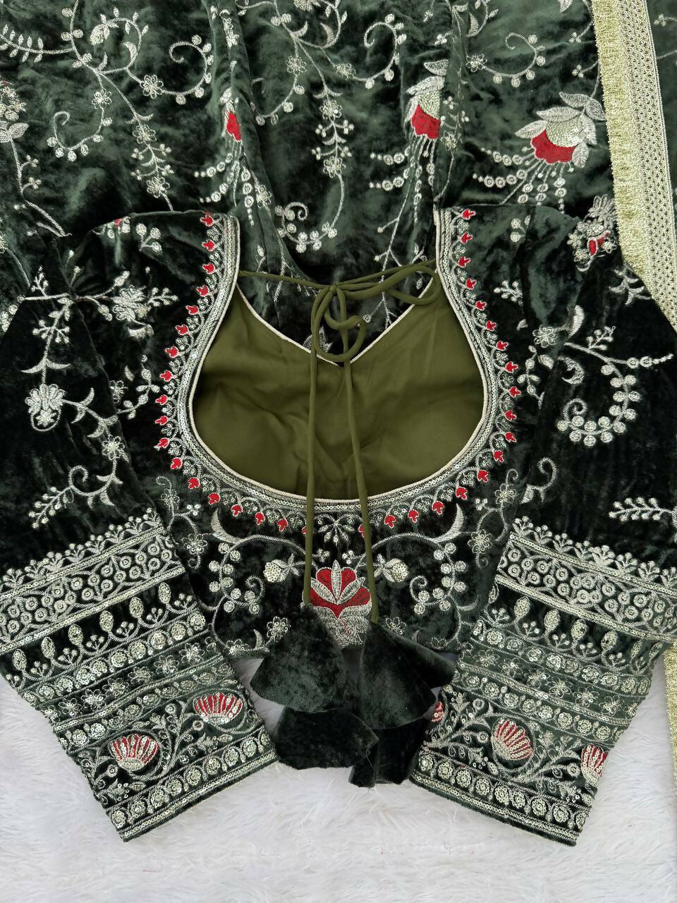 Vastranavya Mehendi Viscose Velvet Thread Sequence Work Top-Bottom With Dupatta