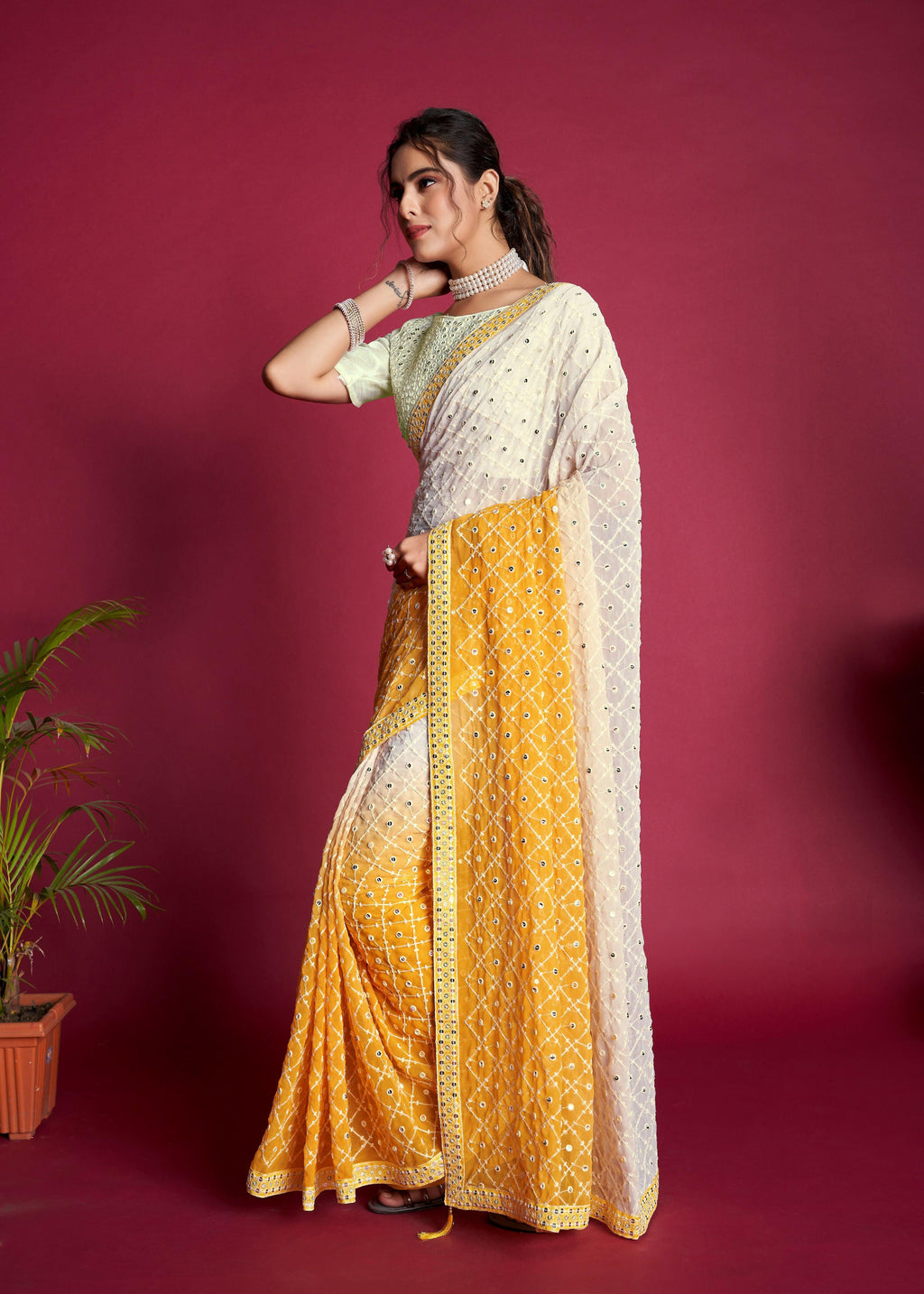 Vamsee Yellow Sequence 1 Yellow & White Georgette Saree