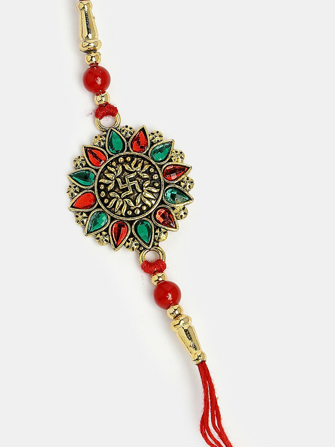 NVR Men Red & Gold-Toned Stone-Studded Rakhi With Roli Chawal
