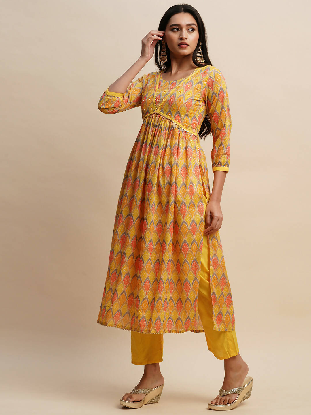 Yellow Pure Cotton Bandhani Printed Naira Cut Kurta And Bottom With Dupatta - Akashara