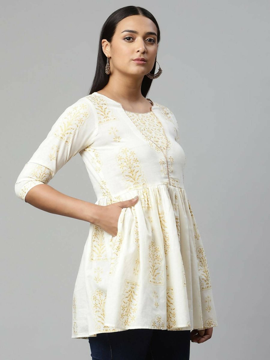 Ahalyaa Women Off White Beautiful Pure Cotton Printed Tunic