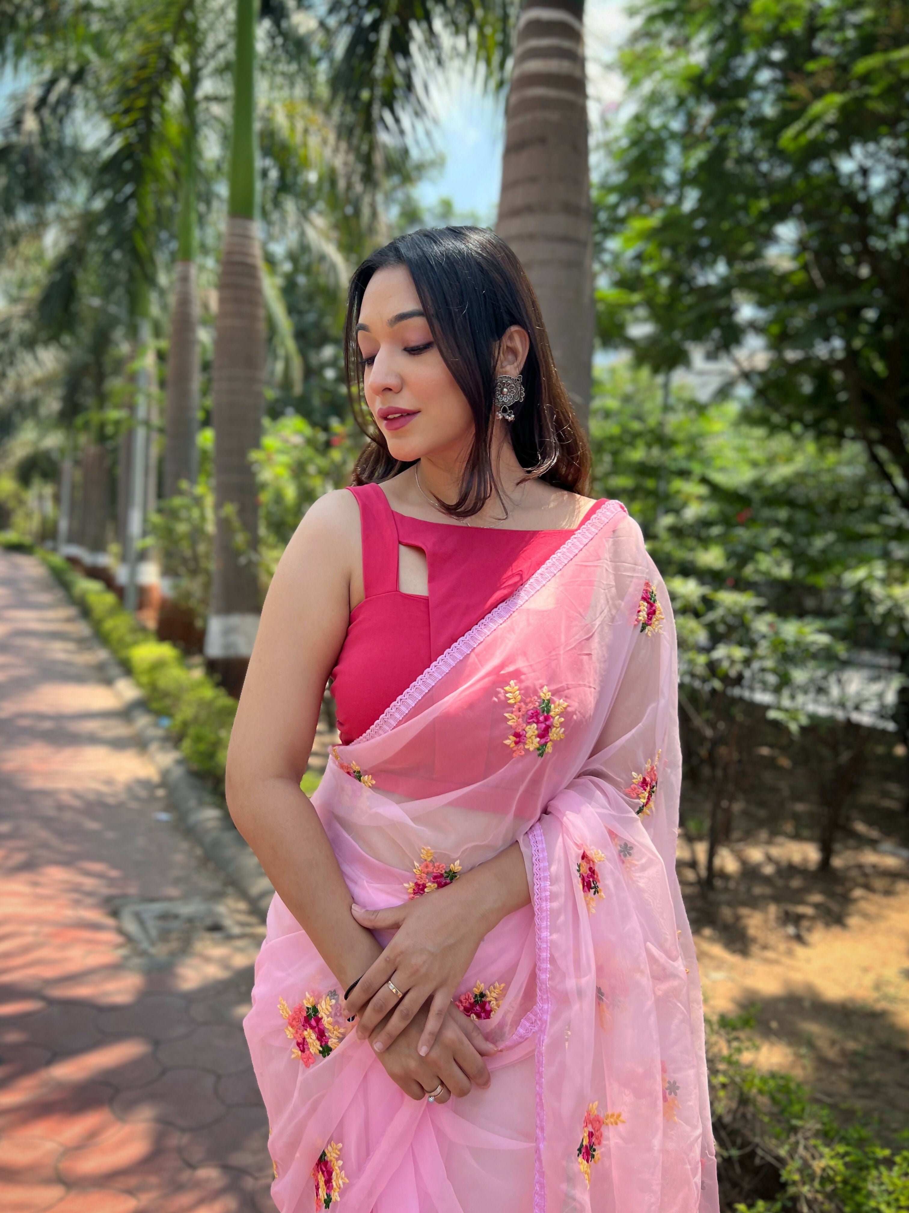 Vamsee Red-Garden Pink Organza Saree
