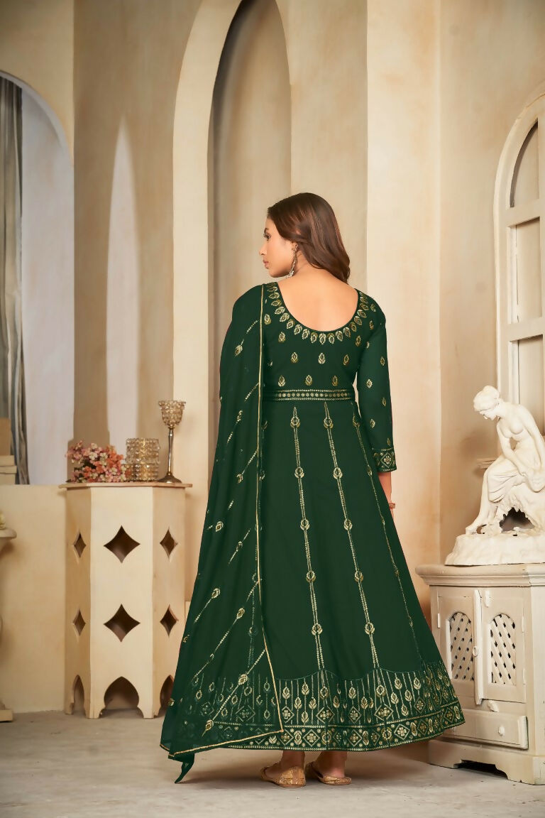 Jyoti Fashion Women's Bottle Green Georgette Embroidered Anarkali Kurta Pant Set With Dupatta