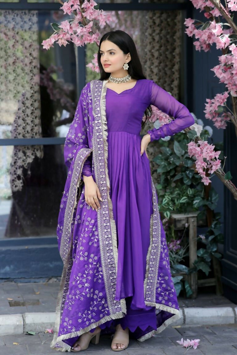 Jyoti Fashion Women's Purple Tabby Silk Designer Kurta with Trouser & Dupatta