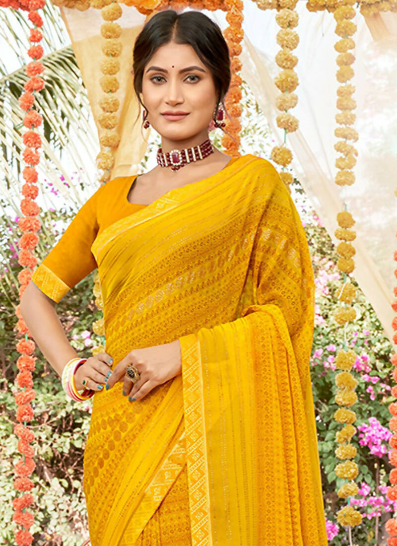 Mustard Georgette Foil Printed Saree with Unstitched Blouse Piece - Avika