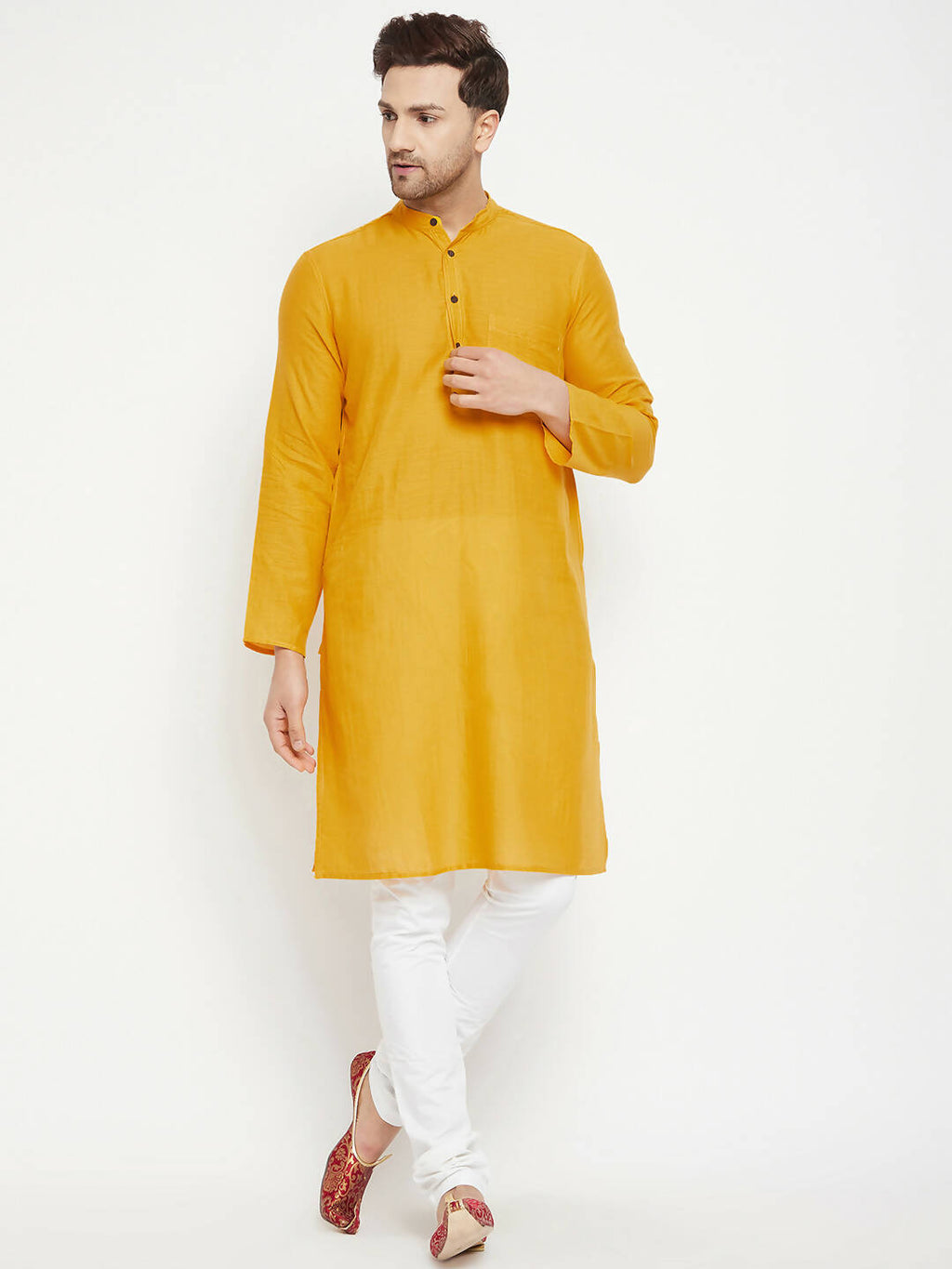 Even Apparels Yellow Pure Cotton Long Men's Kurta With Band Collar