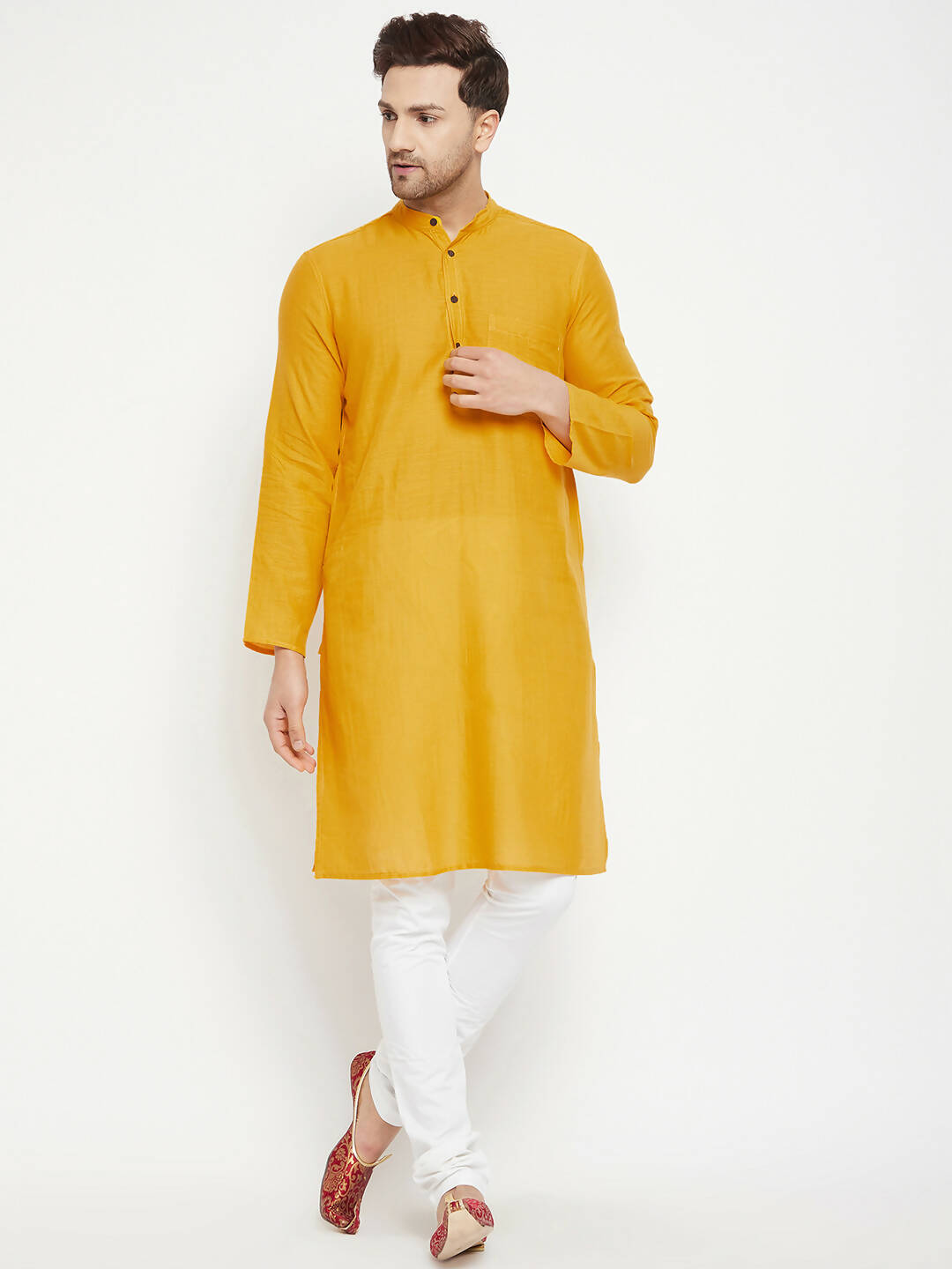 Even Apparels Yellow Pure Cotton Long Men's Kurta With Band Collar