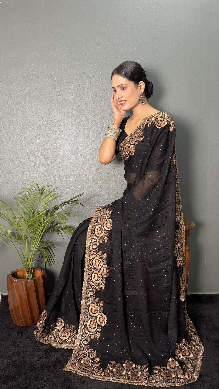 Vastranavya Black Rangoli Silk Zari work with DMC Swarovski work Ready to Wear Saree