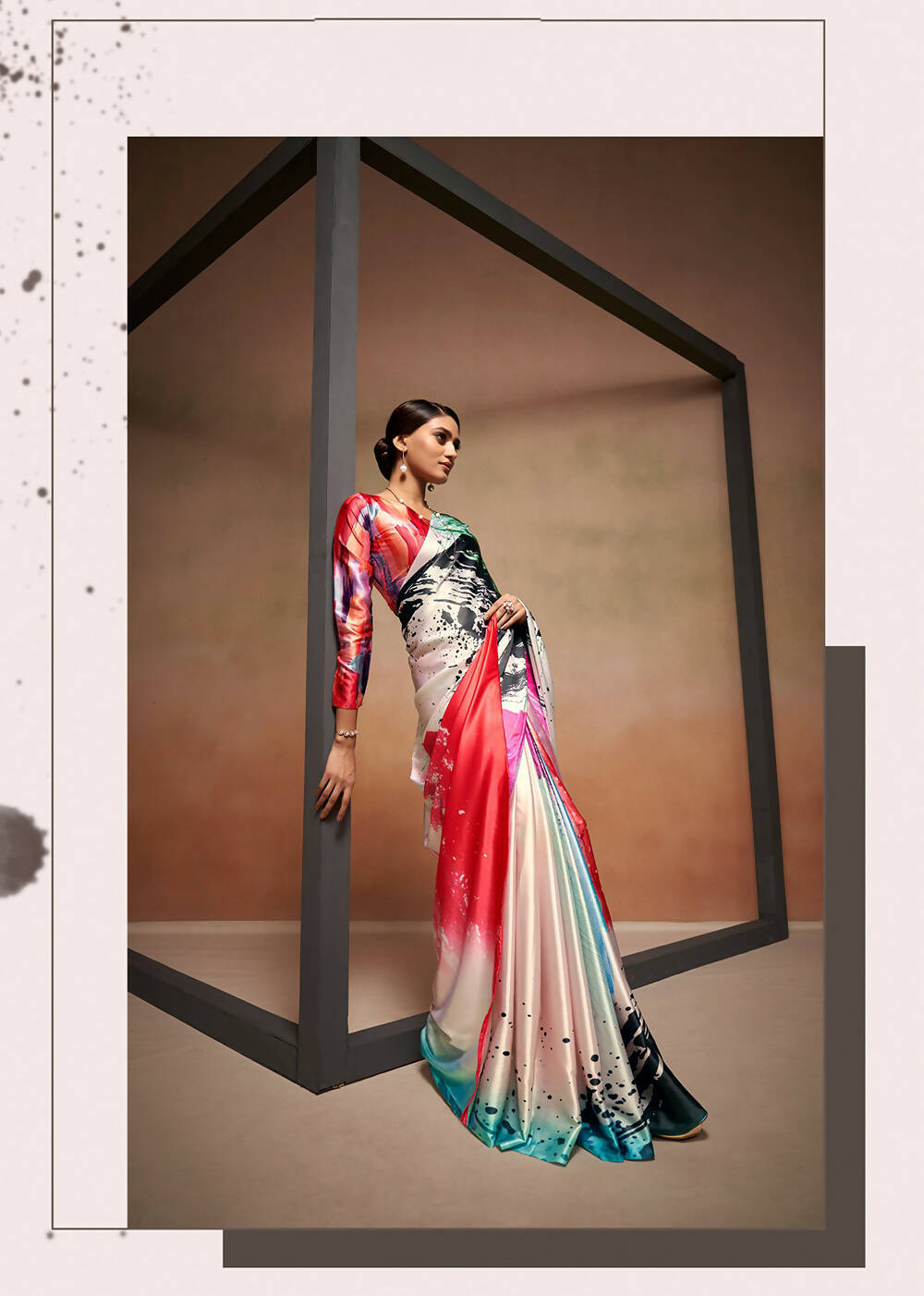Green Satin Digital Printed Saree with Unstitched Blouse Piece - Jodha