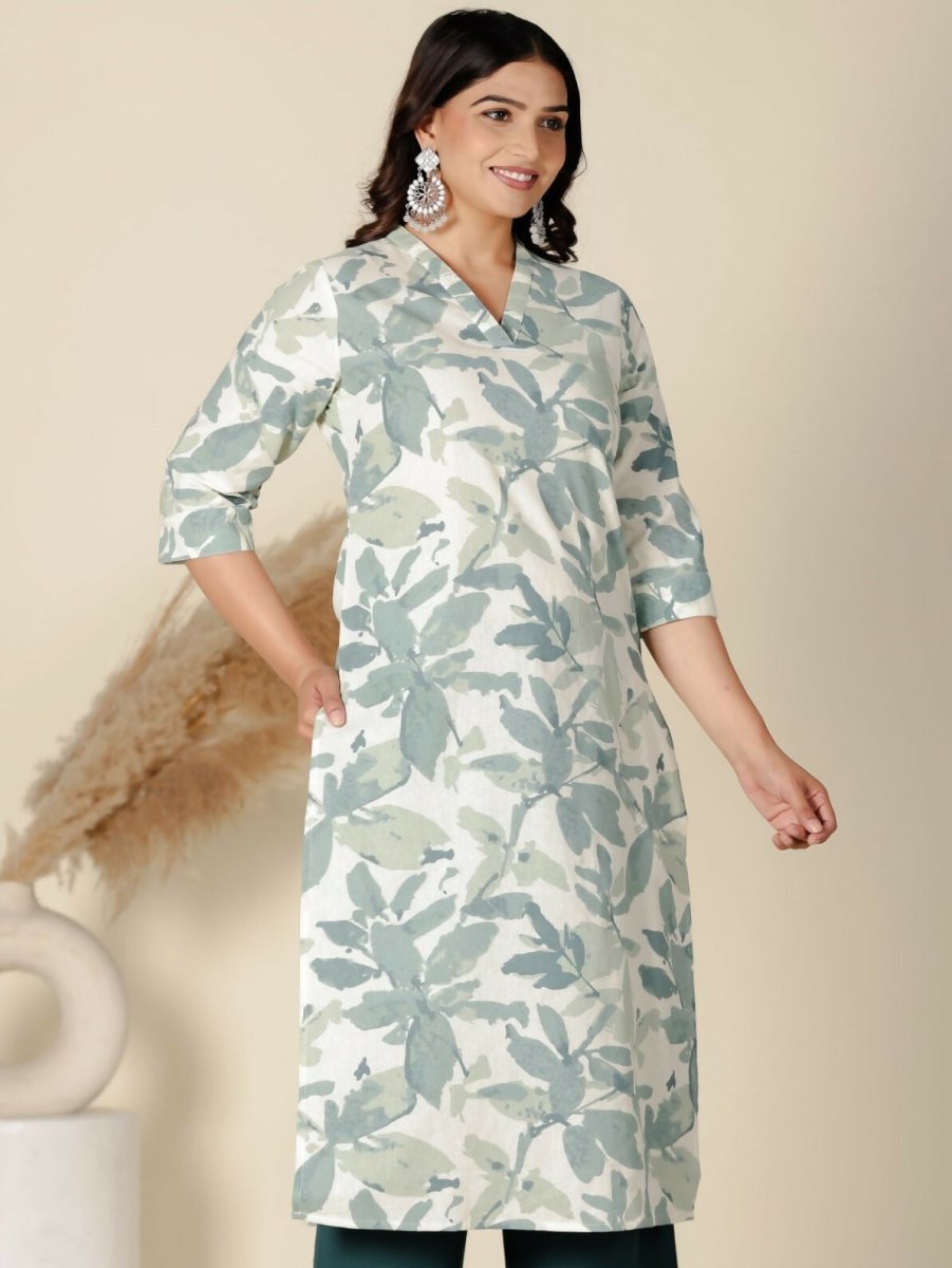Aramya Green Linen Cotton Foliage Straight Kurta for Women