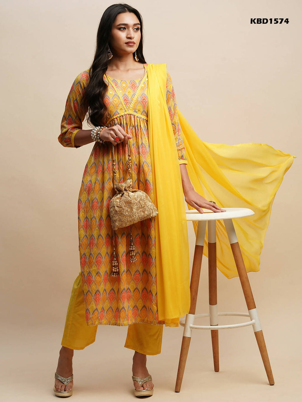 Yellow Pure Cotton Bandhani Printed Naira Cut Kurta And Bottom With Dupatta - Akashara