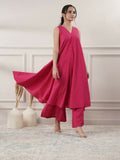 Joban Fashion Women's Fuchsia Cotton A-Line Midi Dress With Pants