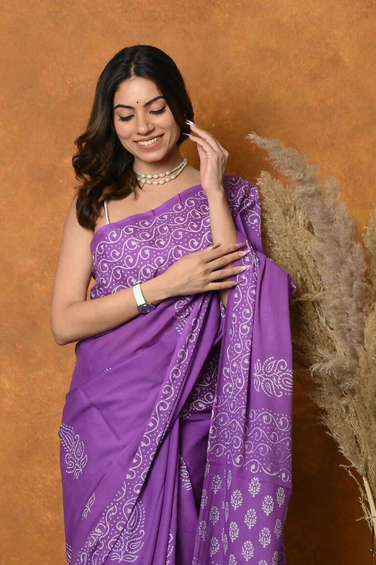 Very Much Indian Handblock Printed Cotton Saree With Natural Dyes - Purple