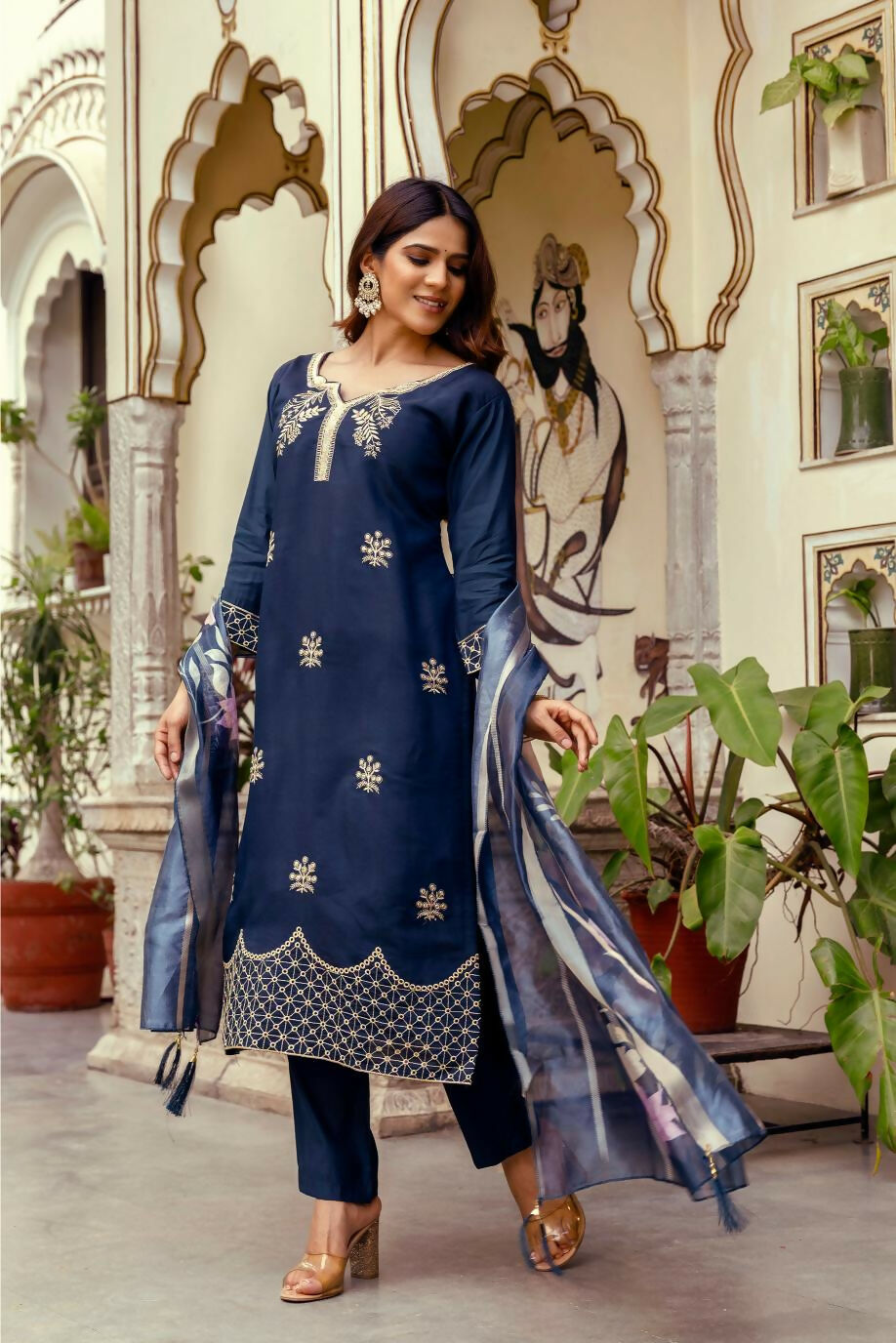 The52 Navy Blue Women's Beautiful Viscose Chanderi Fabric Thread Work Straight Kurta Pant and Dupatta Set